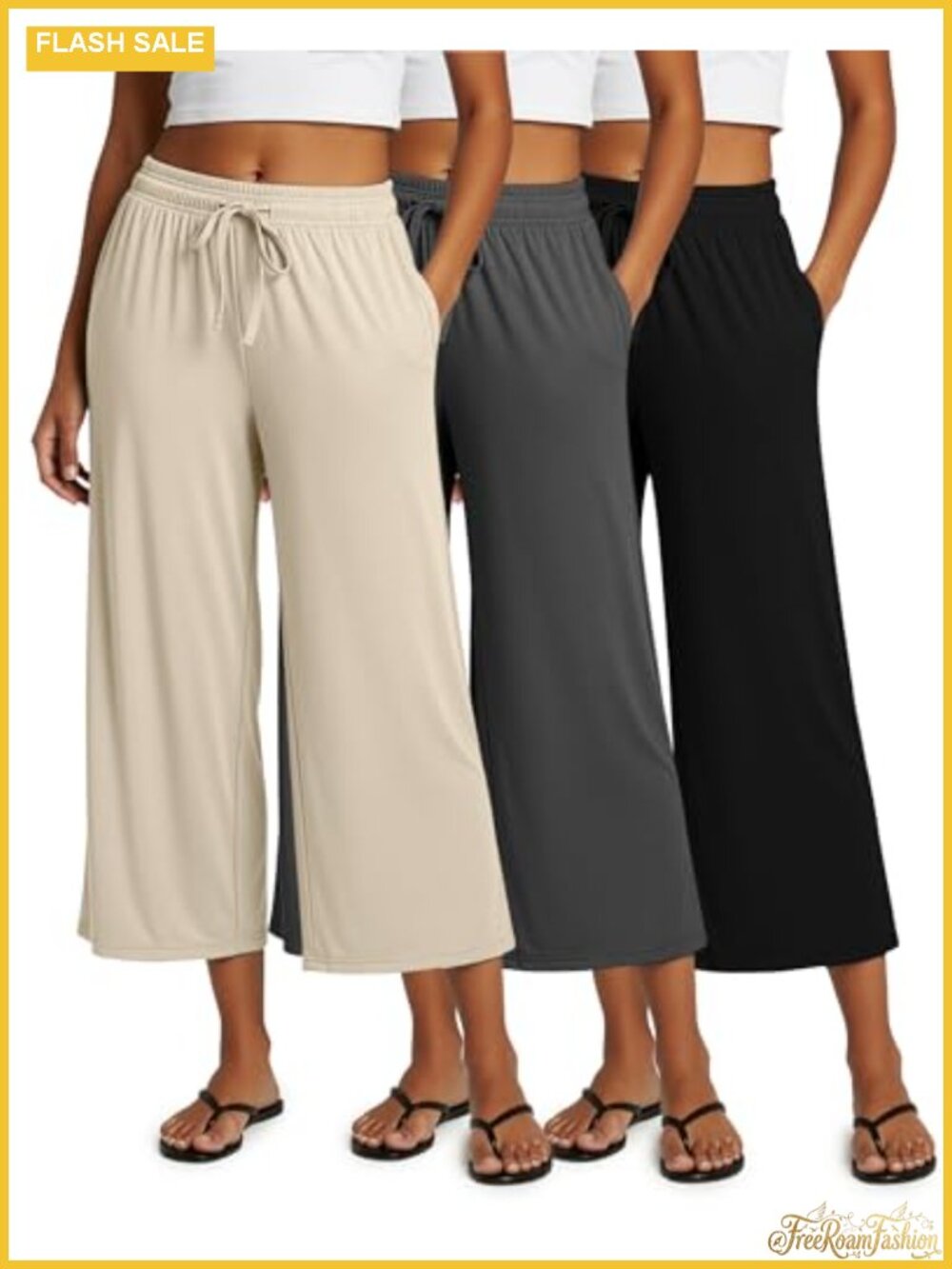3 Pack Women's Capri Pants Gaucho Wide Leg High Waist Loose Crop Pockets